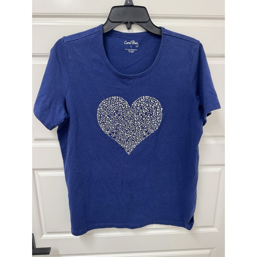 Coral Bay Womens Large Blue Studded Silver Heart Short Sleeve T-Shirt Blouse A11